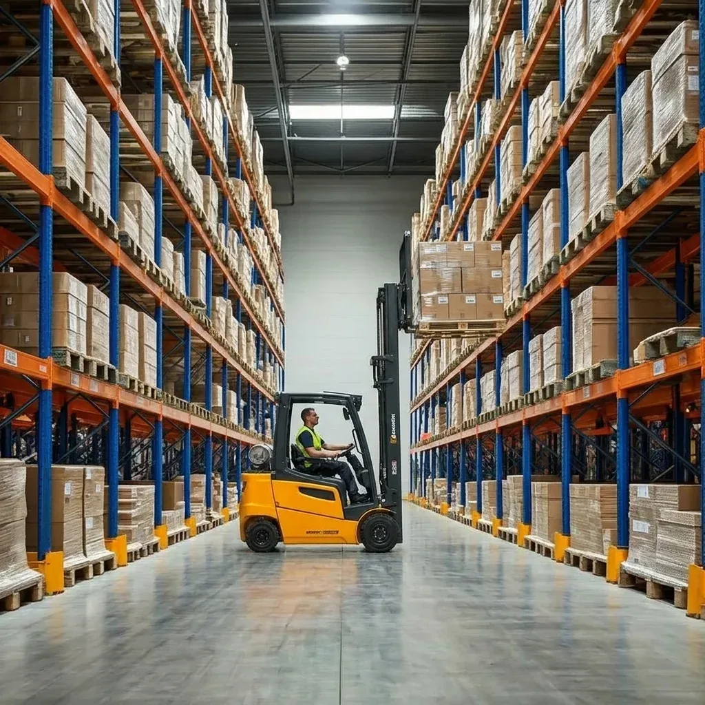 Warehouse logistics operations with forklift moving pallets
